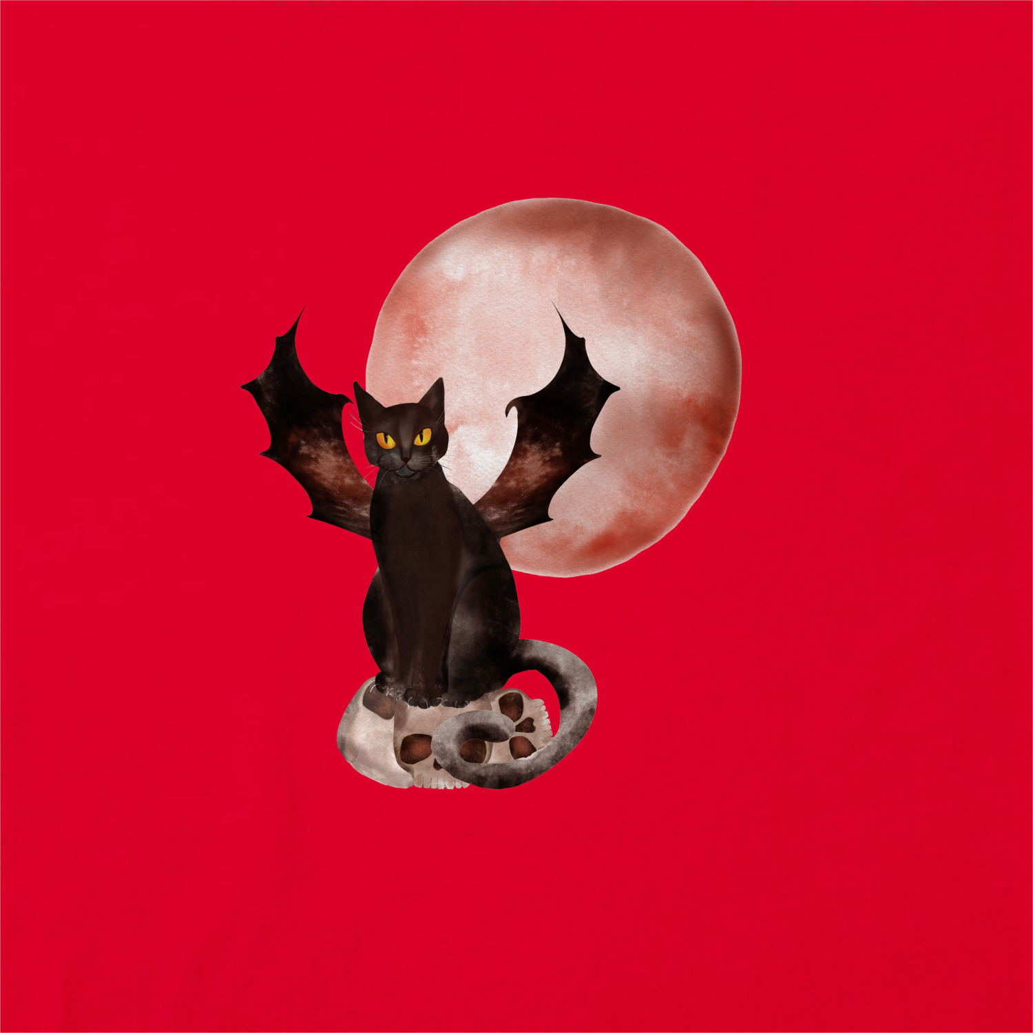 Женская футболка «Черная кошка с крыльями на фоне луны» цвет красный -  дизайнер принта Natika art